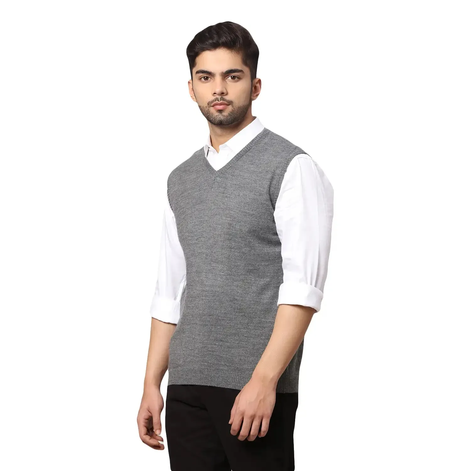 Men Black Regular Fit Solid Wool Blend Sleeveless V Neck Collar Sweaters