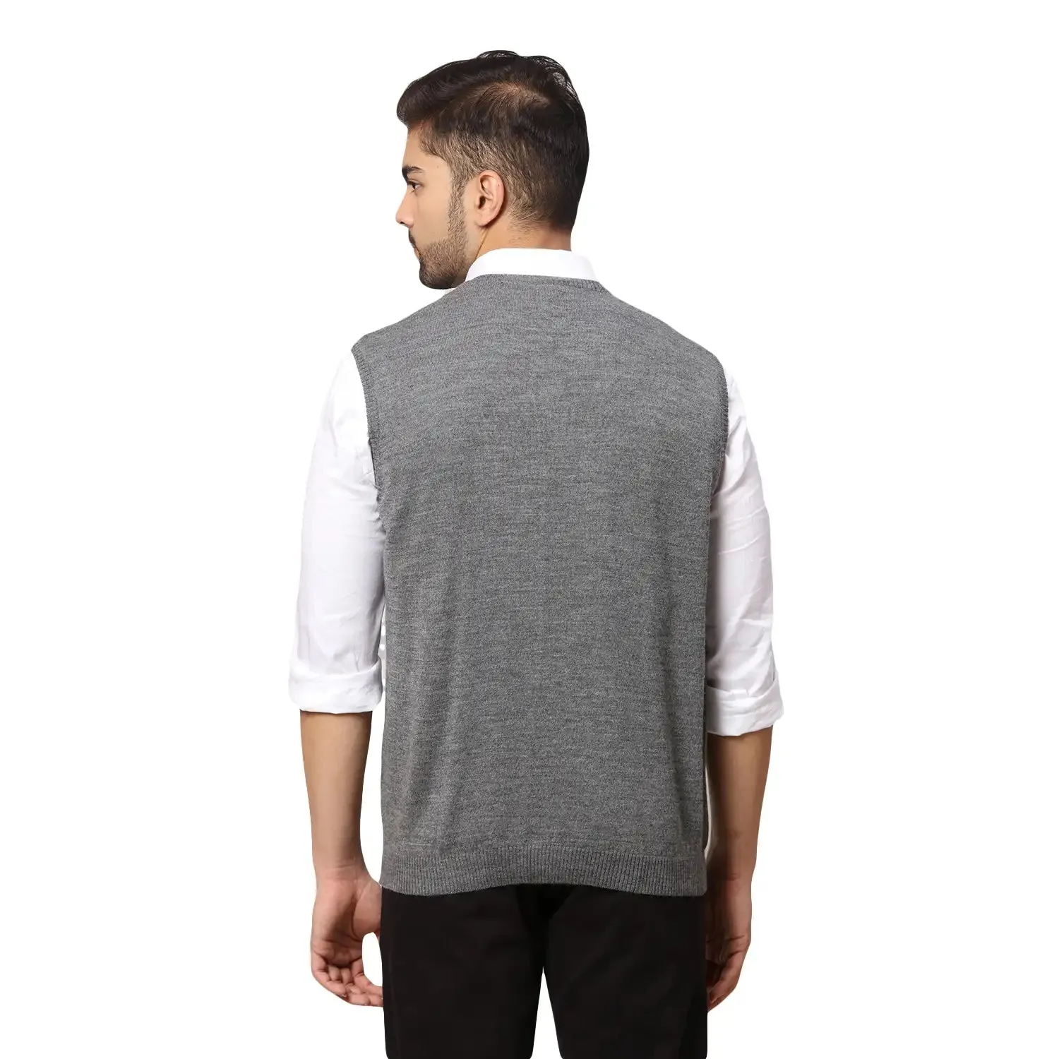 Men Black Regular Fit Solid Wool Blend Sleeveless V Neck Collar Sweaters