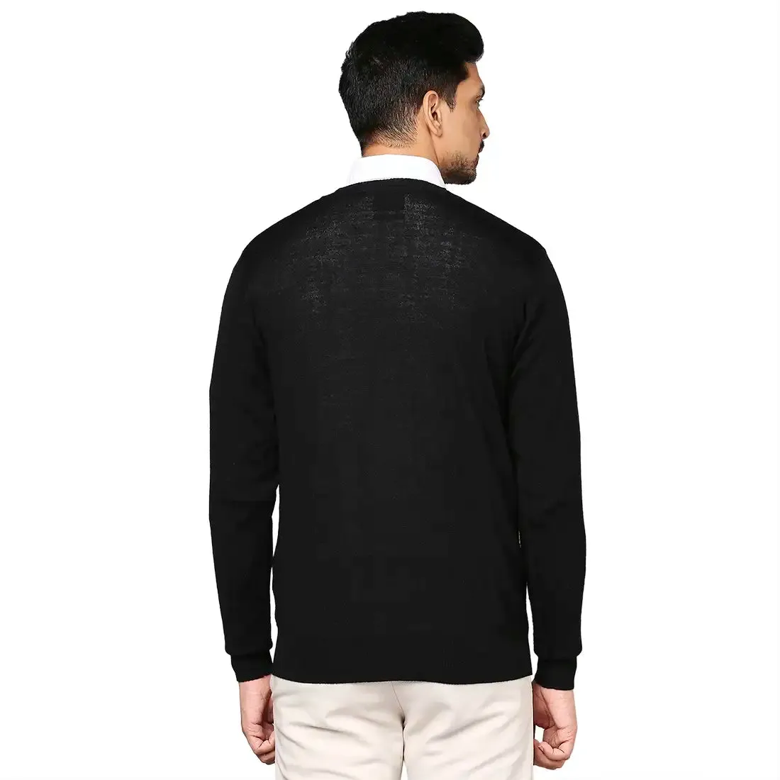Men Black Solid Merino Wool Full Sleeve V Neck Collar Sweaters