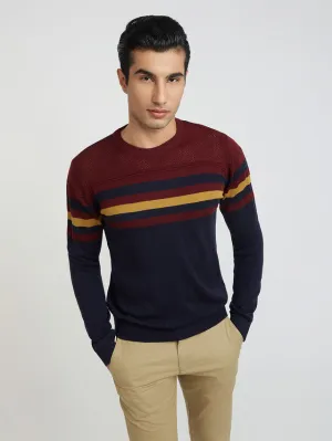 Men Blue Structure Acrylic Wool Blend Round Collar Sweaters