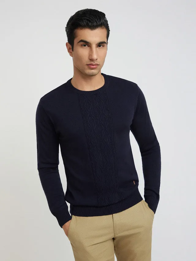 Men Blue Structure Cable Acrylic Wool Blend Round Collar Sweaters