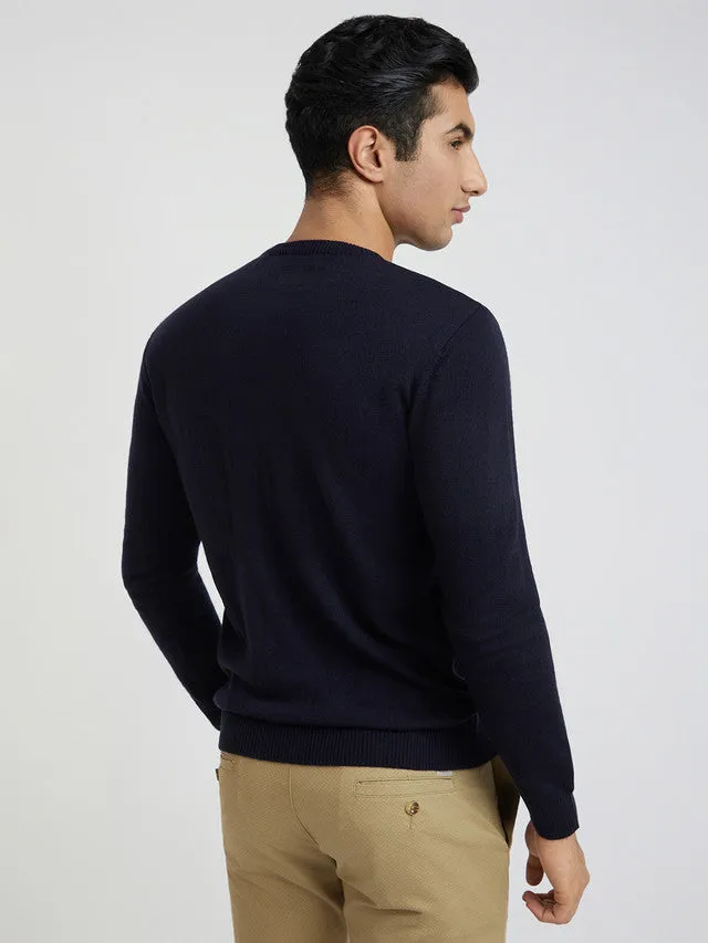 Men Blue Structure Cable Acrylic Wool Blend Round Collar Sweaters