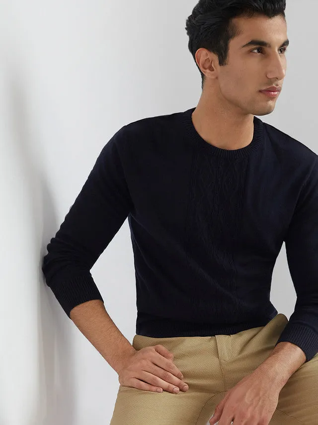 Men Blue Structure Cable Acrylic Wool Blend Round Collar Sweaters
