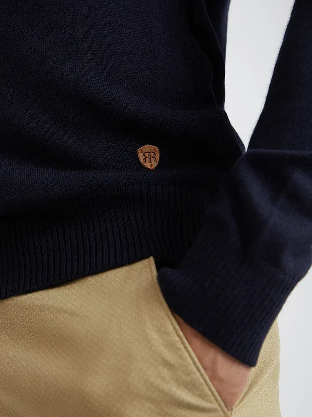 Men Blue Structure Cable Acrylic Wool Blend Round Collar Sweaters