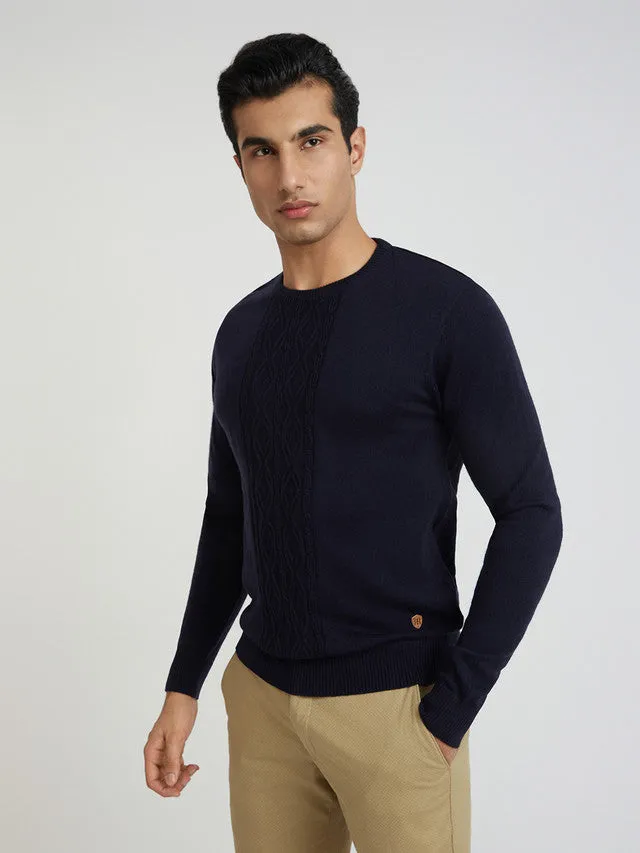 Men Blue Structure Cable Acrylic Wool Blend Round Collar Sweaters