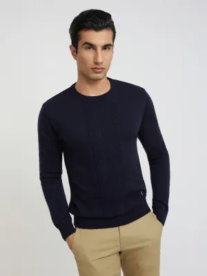 Men Blue Structure Cable Acrylic Wool Blend Round Collar Sweaters