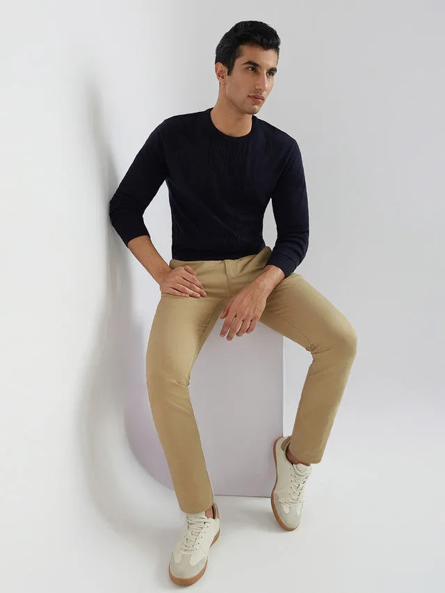 Men Blue Structure Cable Acrylic Wool Blend Round Collar Sweaters