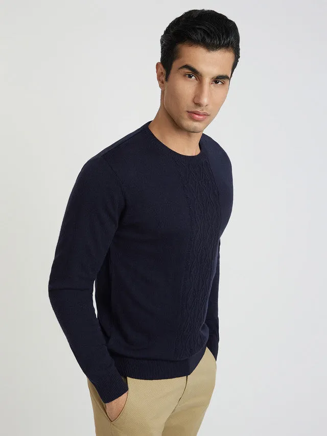 Men Blue Structure Cable Acrylic Wool Blend Round Collar Sweaters