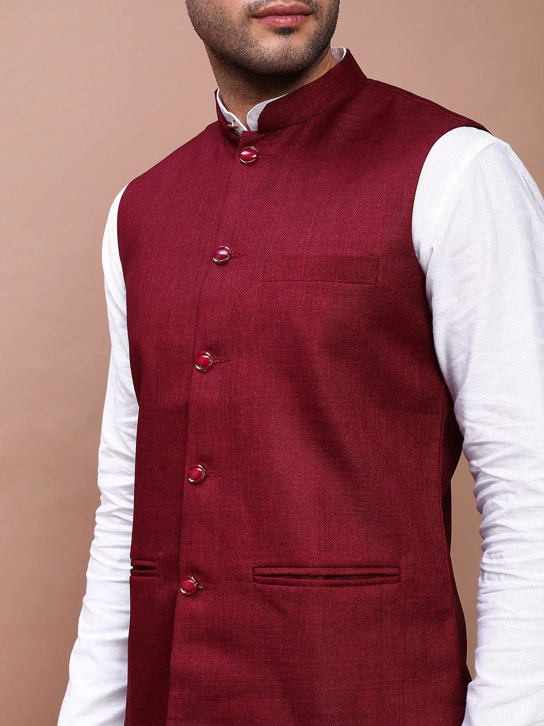 Men Burgundy Woven Slim-Fit Nehru Jackets