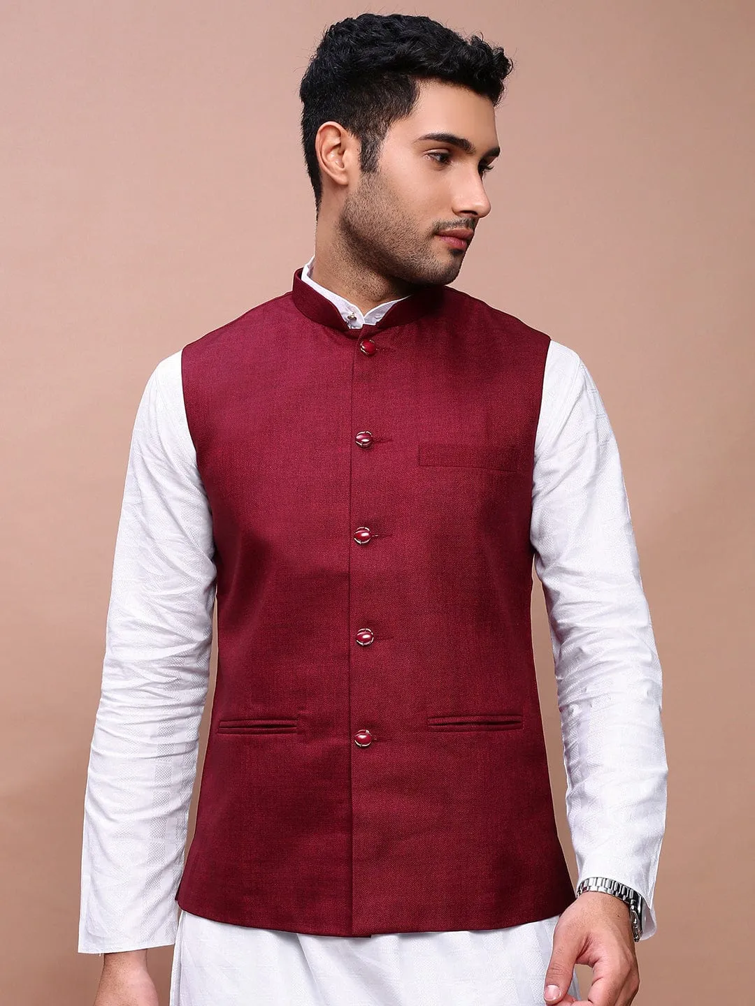 Men Burgundy Woven Slim-Fit Nehru Jackets