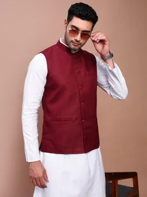 Men Burgundy Woven Slim-Fit Nehru Jackets