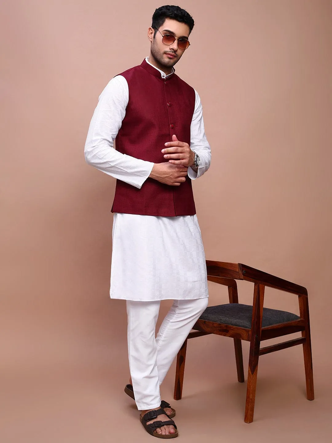 Men Burgundy Woven Slim-Fit Nehru Jackets