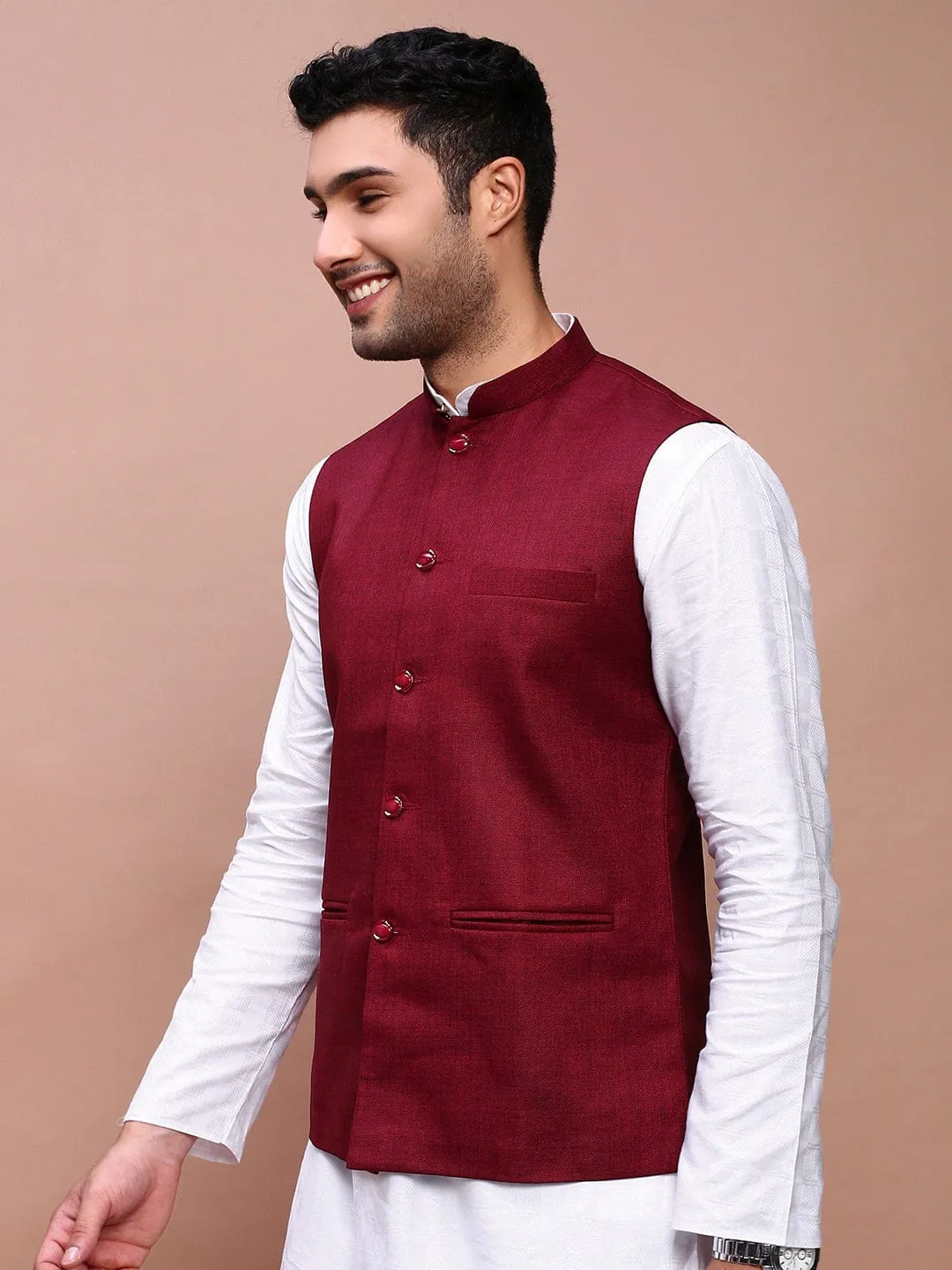 Men Burgundy Woven Slim-Fit Nehru Jackets