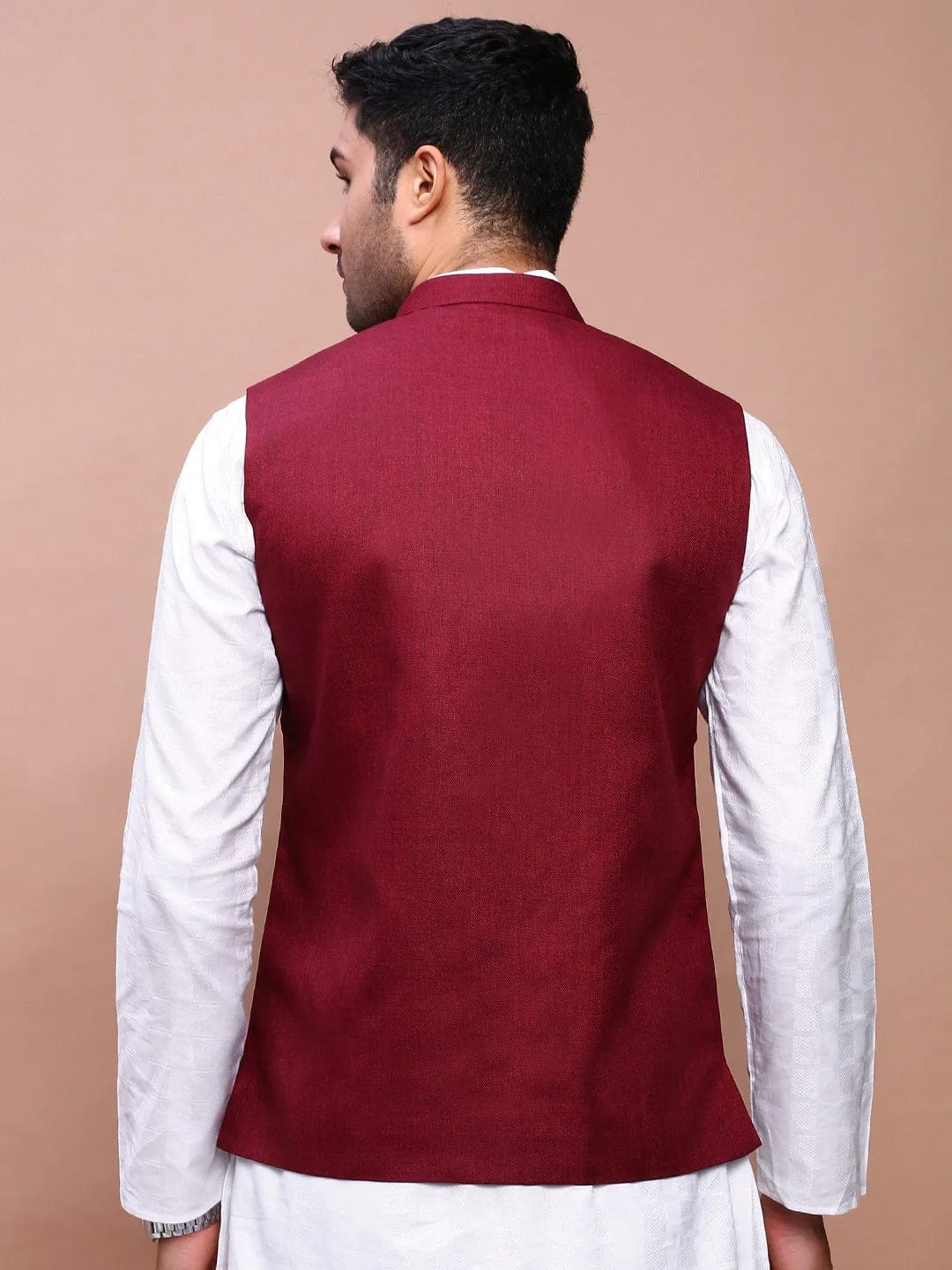 Men Burgundy Woven Slim-Fit Nehru Jackets