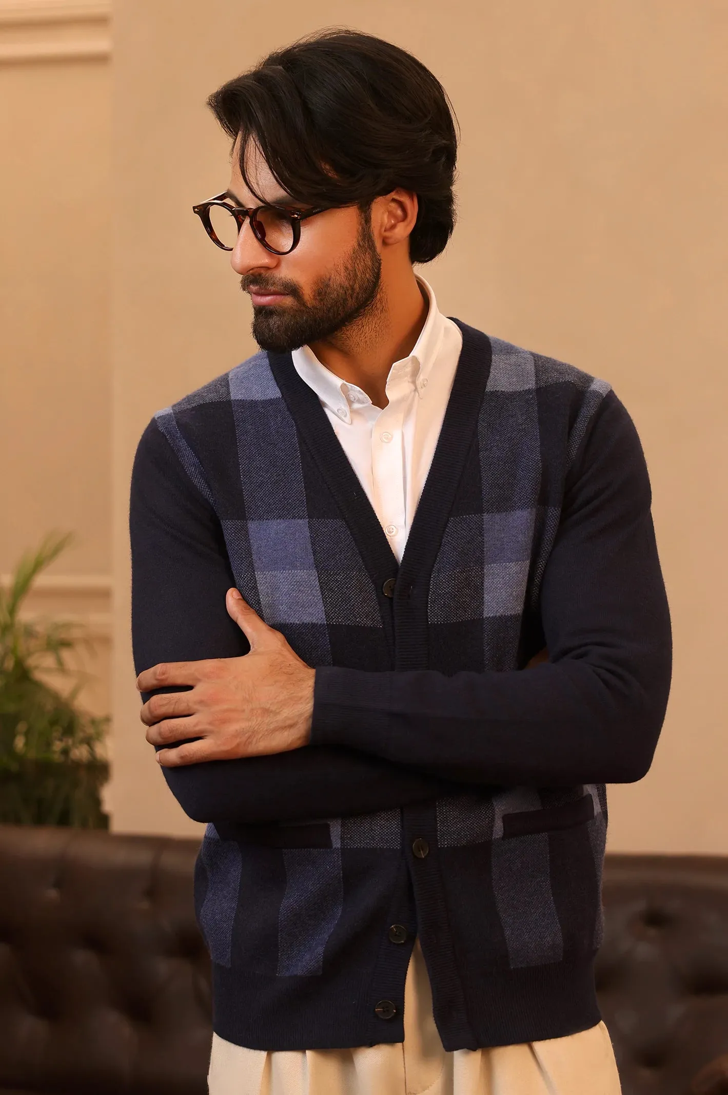 Men Full Sleeves multi Navy Cardigan