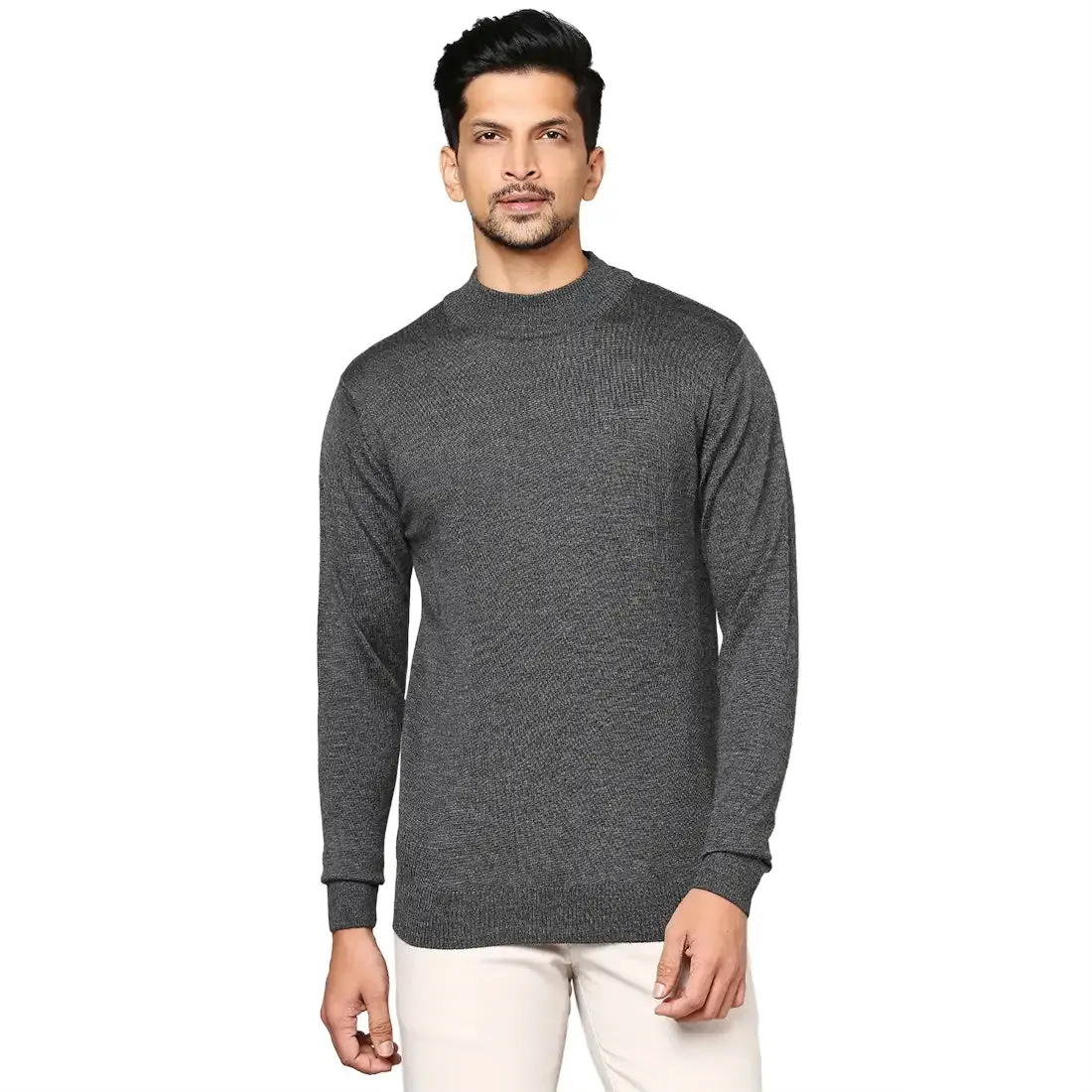 Men Grey Contemporary Fit Solid Wool Blend Full Sleeve Crew Neck Collar Sweaters