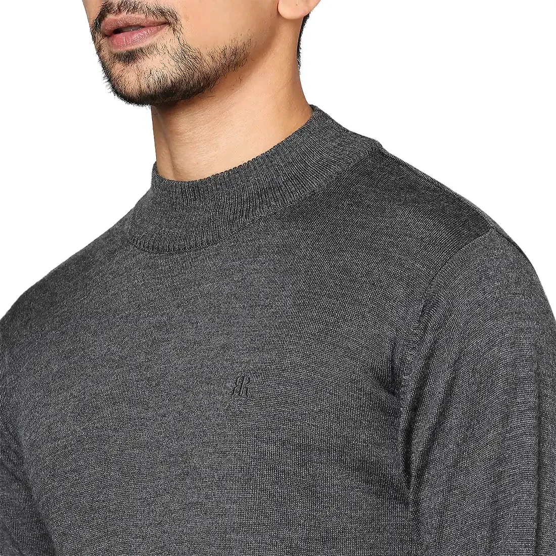 Men Grey Contemporary Fit Solid Wool Blend Full Sleeve Crew Neck Collar Sweaters