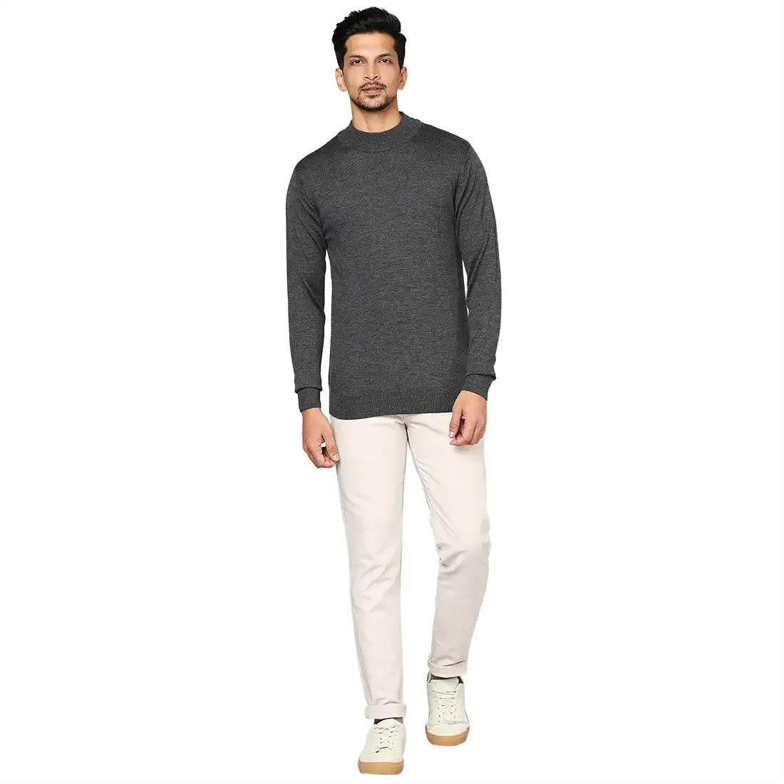 Men Grey Contemporary Fit Solid Wool Blend Full Sleeve Crew Neck Collar Sweaters