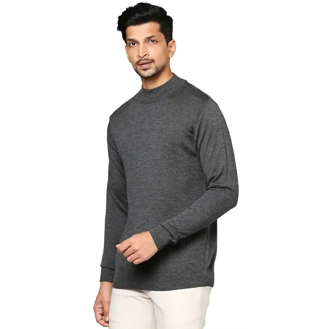 Men Grey Contemporary Fit Solid Wool Blend Full Sleeve Crew Neck Collar Sweaters
