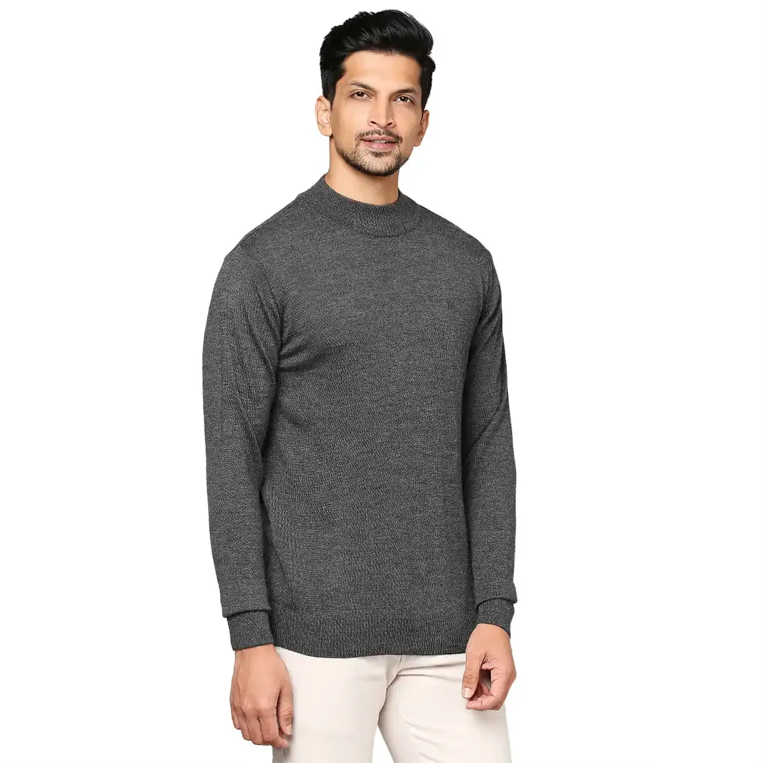 Men Grey Contemporary Fit Solid Wool Blend Full Sleeve Crew Neck Collar Sweaters