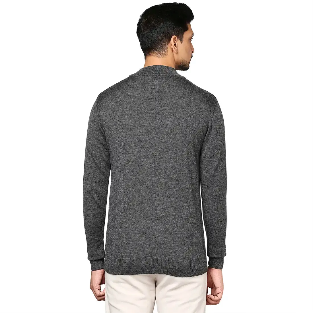 Men Grey Contemporary Fit Solid Wool Blend Full Sleeve Crew Neck Collar Sweaters