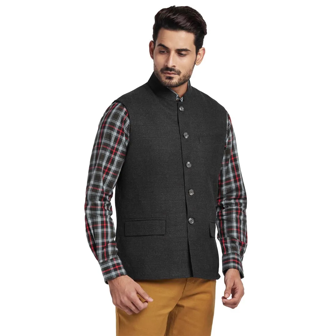 Men Grey Tailored Fit Polyester Blend Sleeveless Jackets