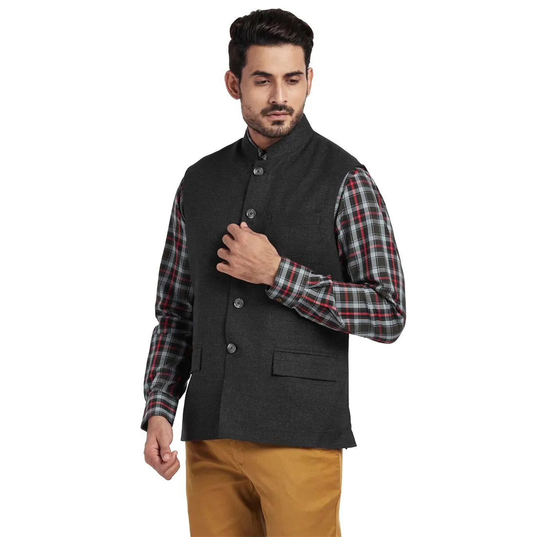 Men Grey Tailored Fit Polyester Blend Sleeveless Jackets