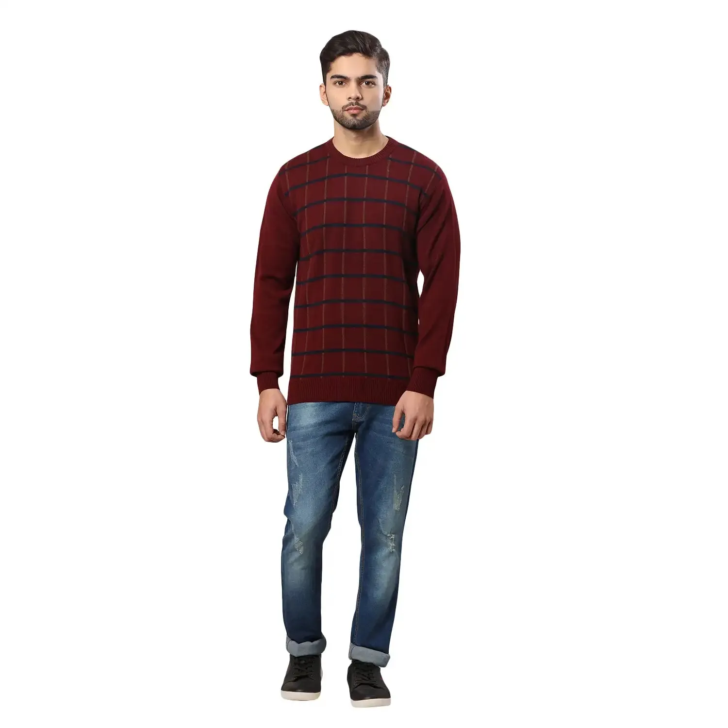 Men Maroon Wrapper Acrylic Wool Blend Round Collar Sweaters