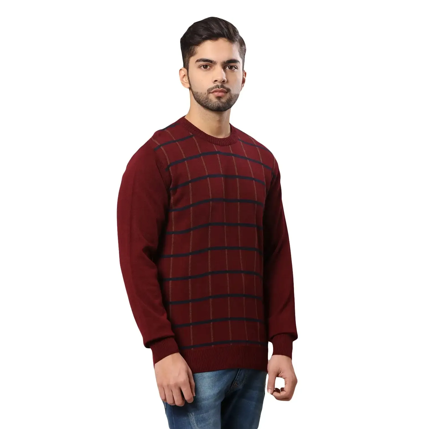 Men Maroon Wrapper Acrylic Wool Blend Round Collar Sweaters