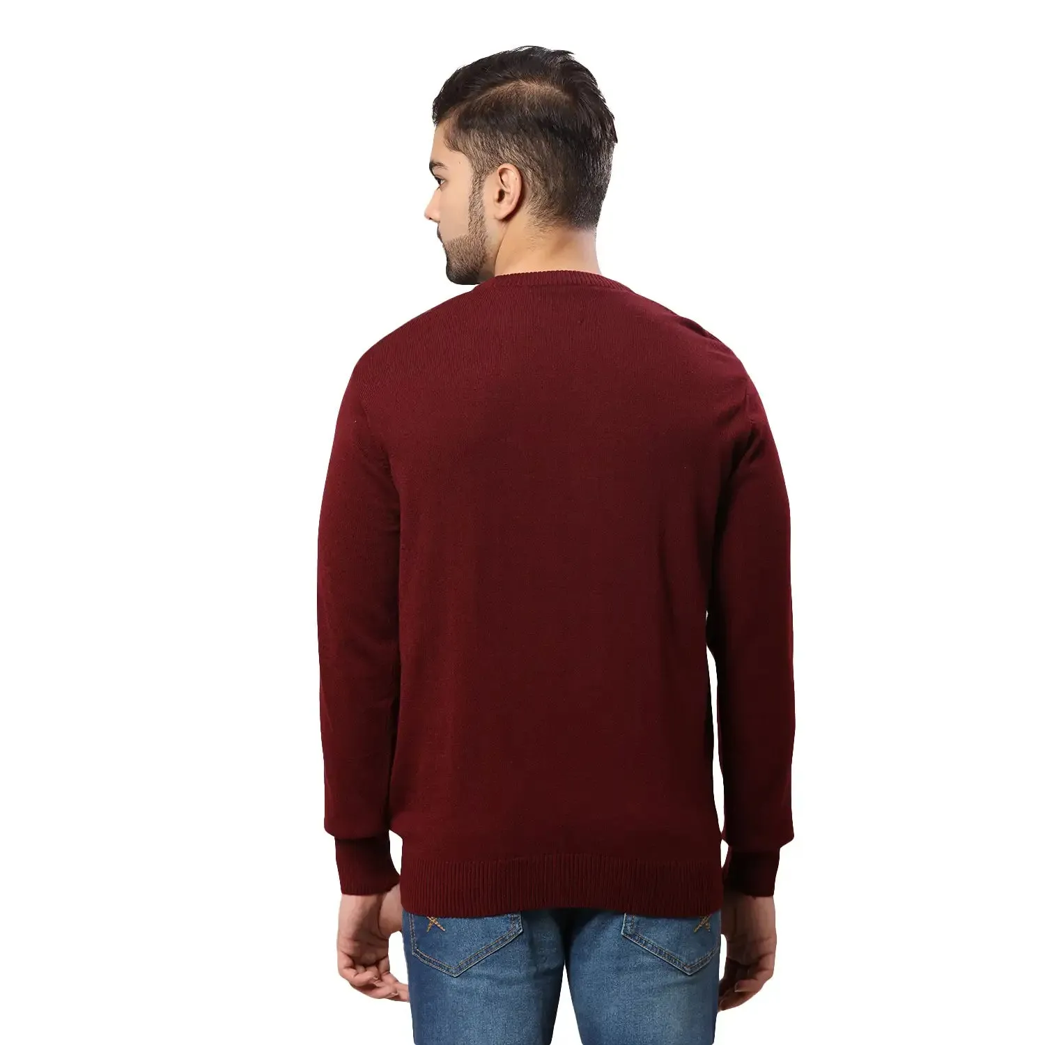 Men Maroon Wrapper Acrylic Wool Blend Round Collar Sweaters