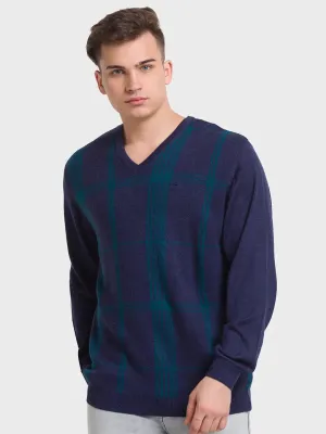 Men Navy Tailored Fit Jacquard Merino Wool Acrylic Blend Full Sleeve V Neck Collar Sweaters