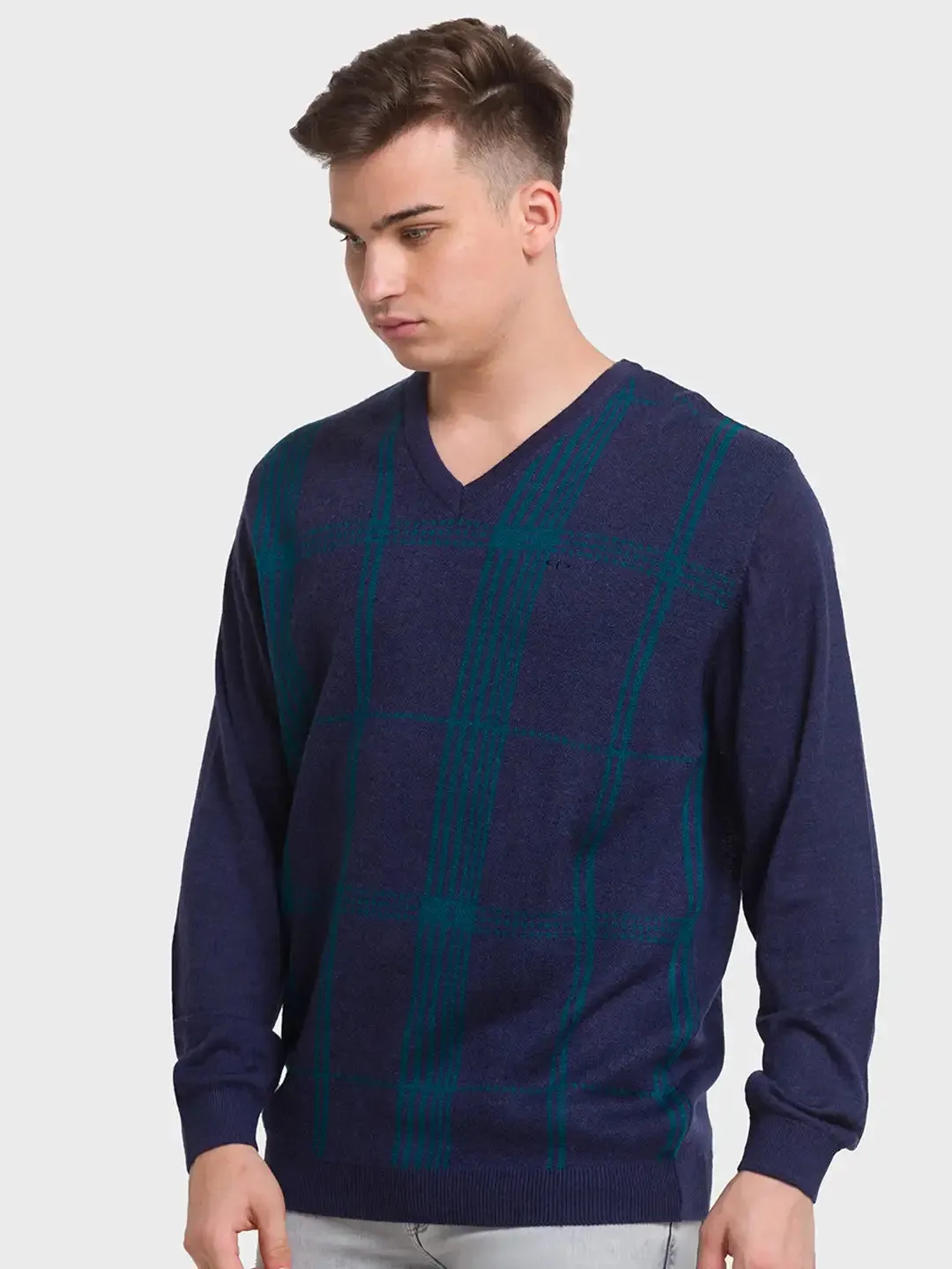 Men Navy Tailored Fit Jacquard Merino Wool Acrylic Blend Full Sleeve V Neck Collar Sweaters