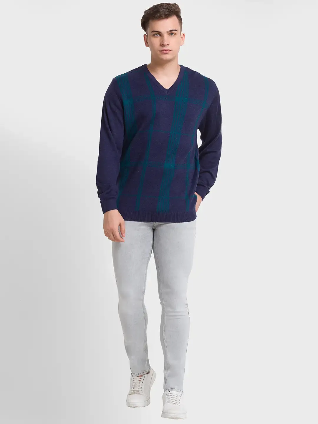 Men Navy Tailored Fit Jacquard Merino Wool Acrylic Blend Full Sleeve V Neck Collar Sweaters