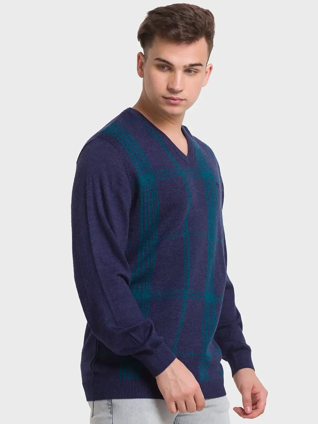 Men Navy Tailored Fit Jacquard Merino Wool Acrylic Blend Full Sleeve V Neck Collar Sweaters