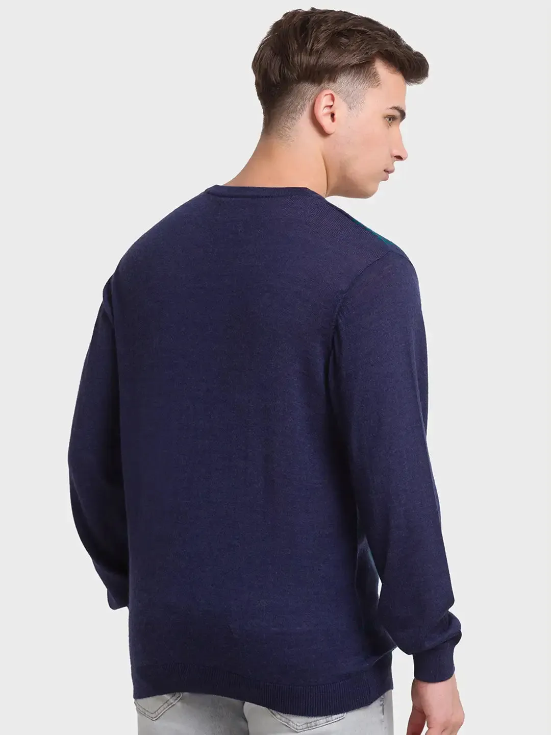 Men Navy Tailored Fit Jacquard Merino Wool Acrylic Blend Full Sleeve V Neck Collar Sweaters