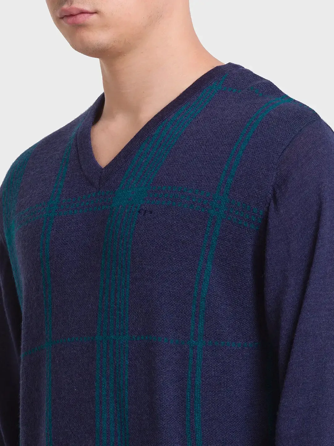 Men Navy Tailored Fit Jacquard Merino Wool Acrylic Blend Full Sleeve V Neck Collar Sweaters