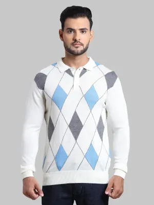 Men White Tailored Fit Jacquard Wool Blend Full Sleeve Sweaters