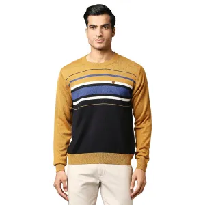 Men Yellow Stripe Acrylic Wool Blend Round Collar Sweaters