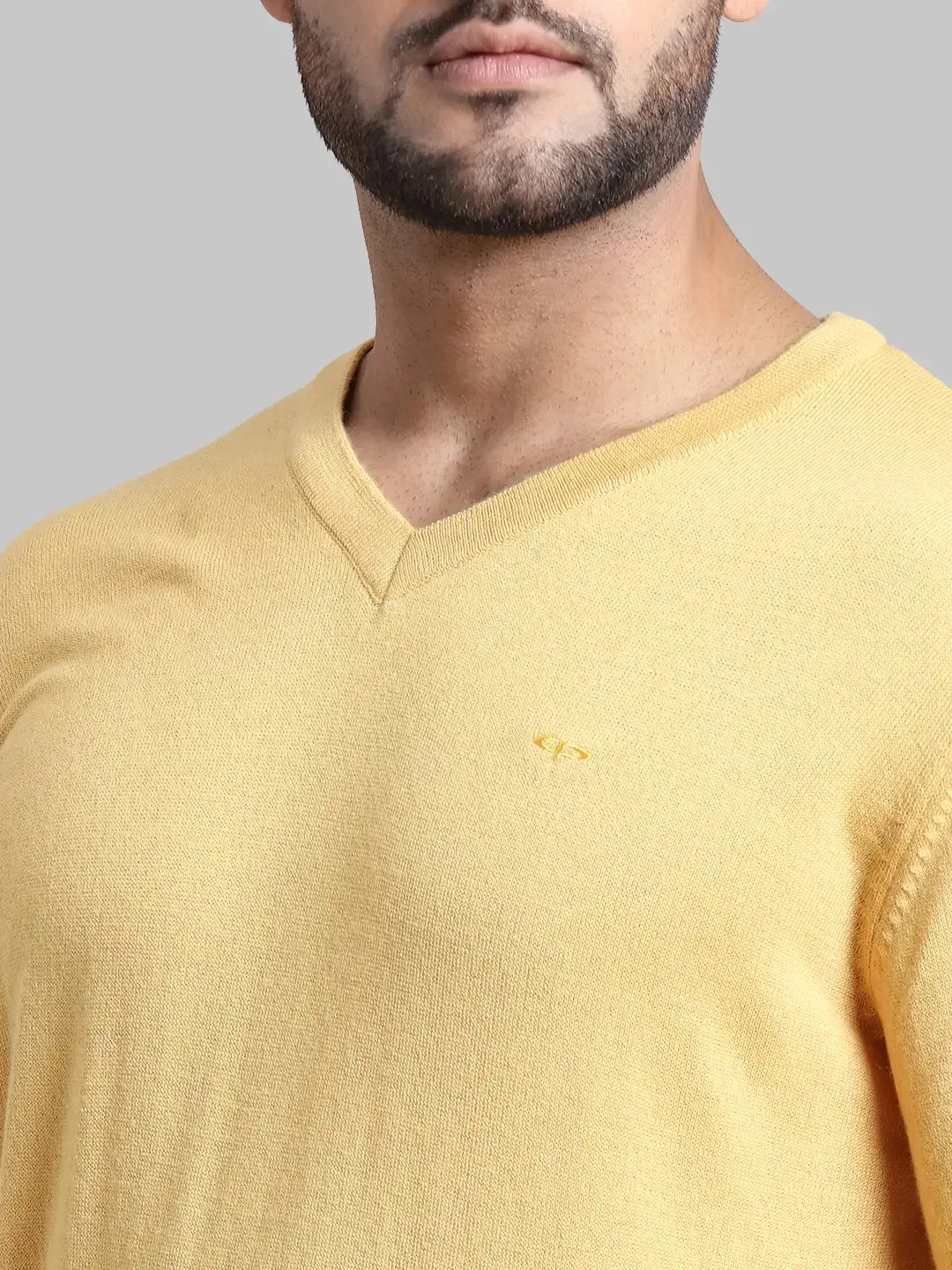Men Yellow Tailored Fit Solid Wool Blend Full Sleeve V Neck Collar Sweaters