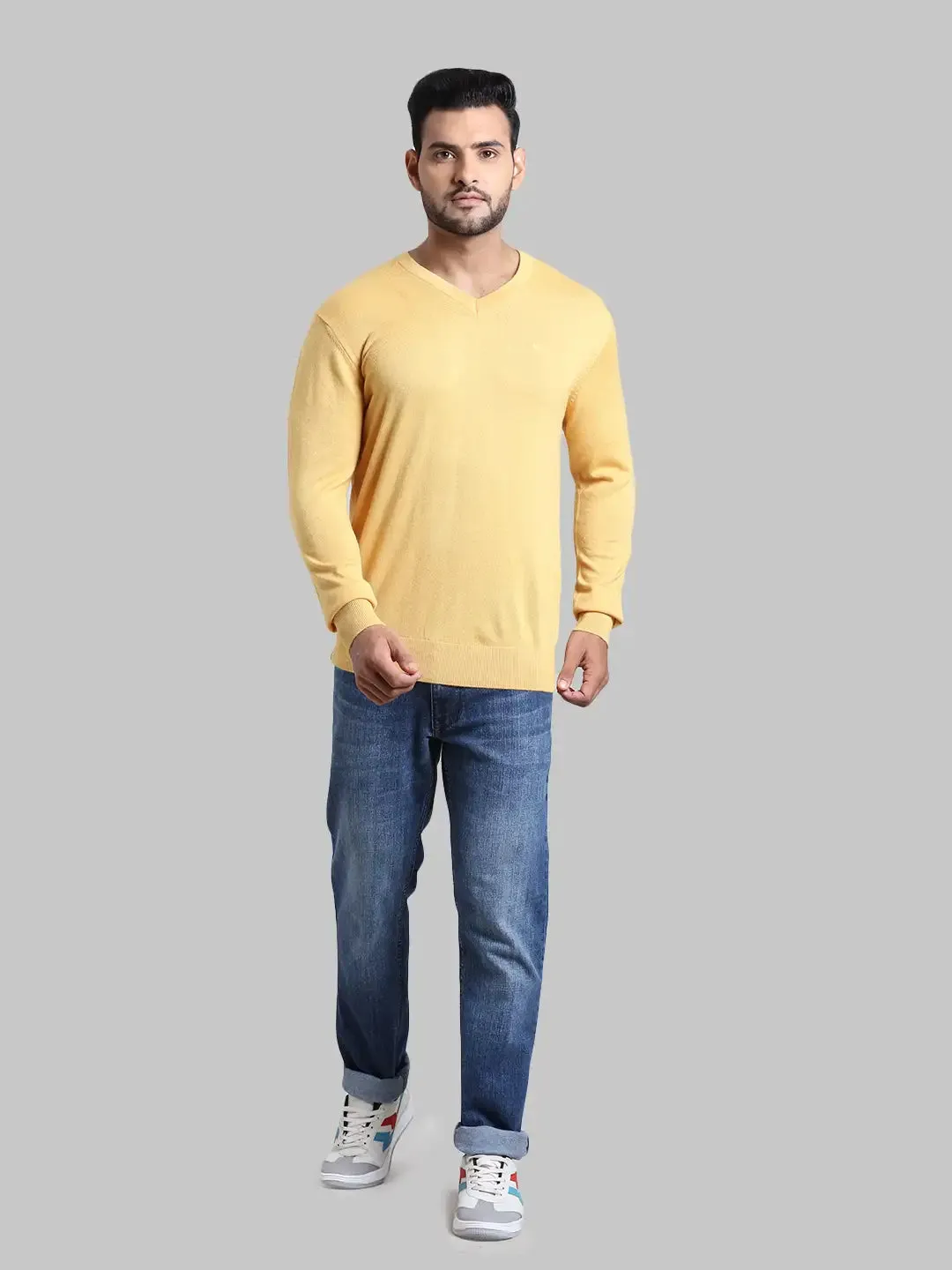 Men Yellow Tailored Fit Solid Wool Blend Full Sleeve V Neck Collar Sweaters