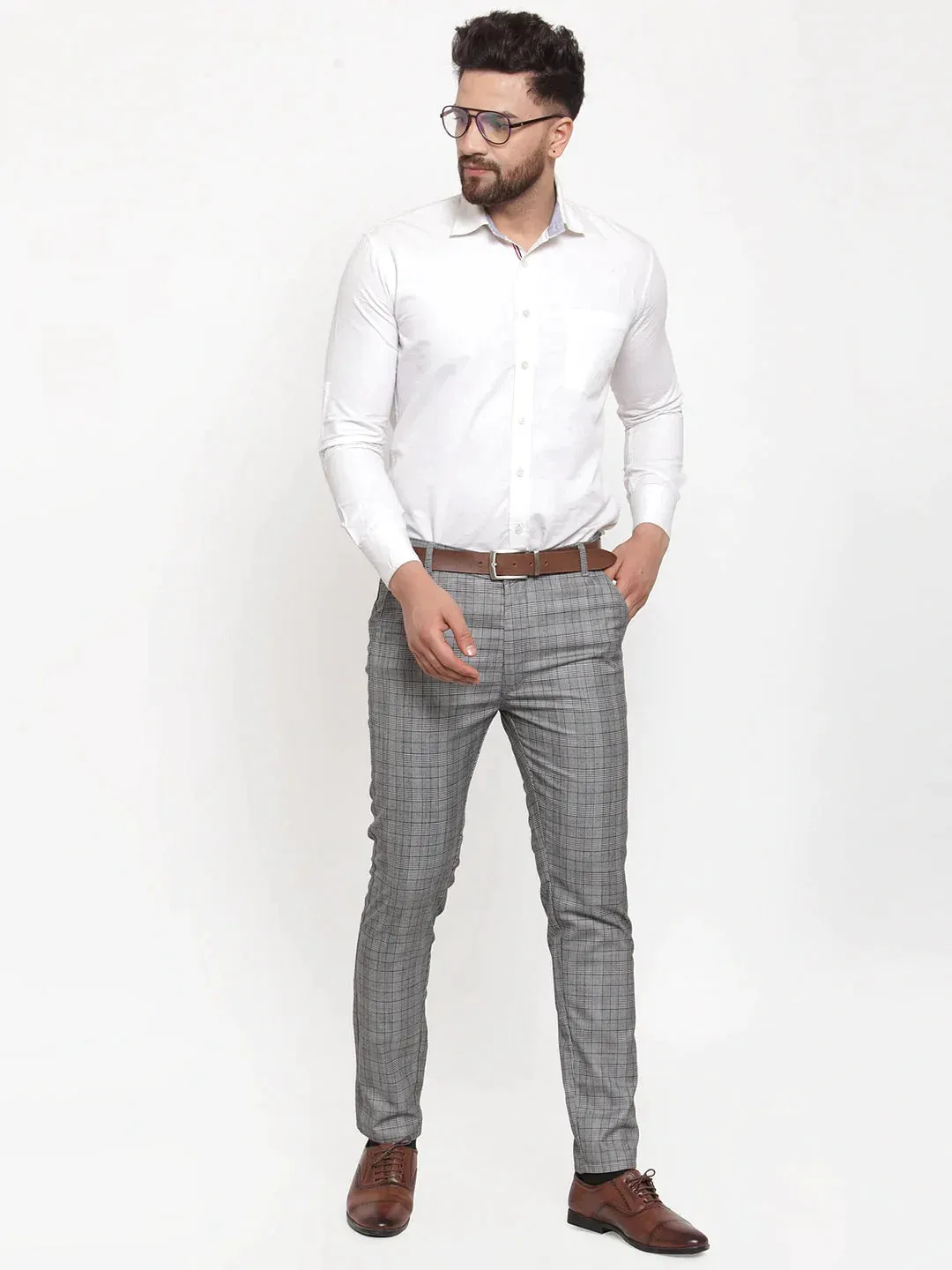 Men'S Grey Checked Formal Trousers
