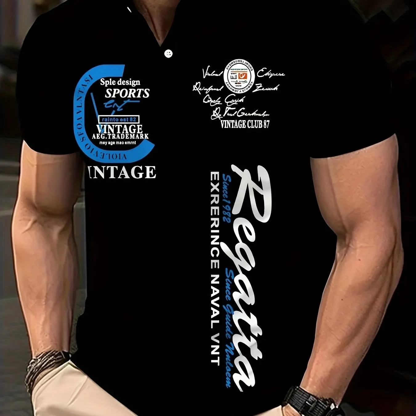 Mens Stylish Alphabet Print Golf Shirt  Breathable Short Sleeve