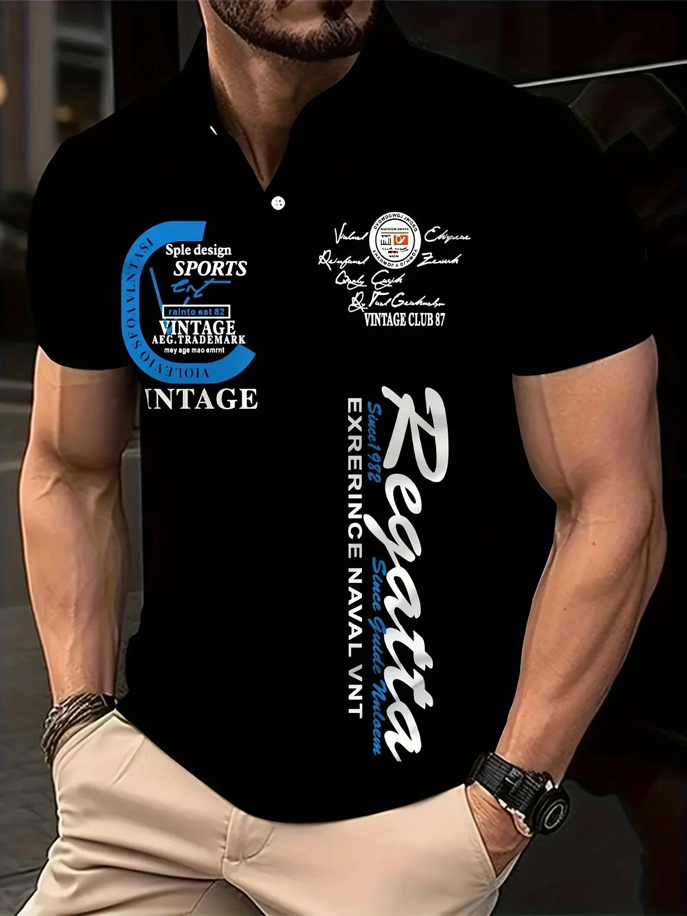 Mens Stylish Alphabet Print Golf Shirt  Breathable Short Sleeve