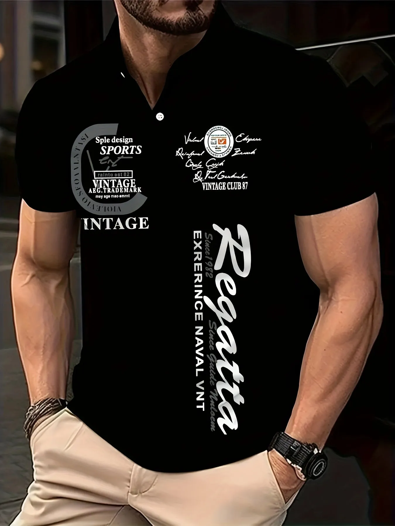 Mens Stylish Alphabet Print Golf Shirt  Breathable Short Sleeve