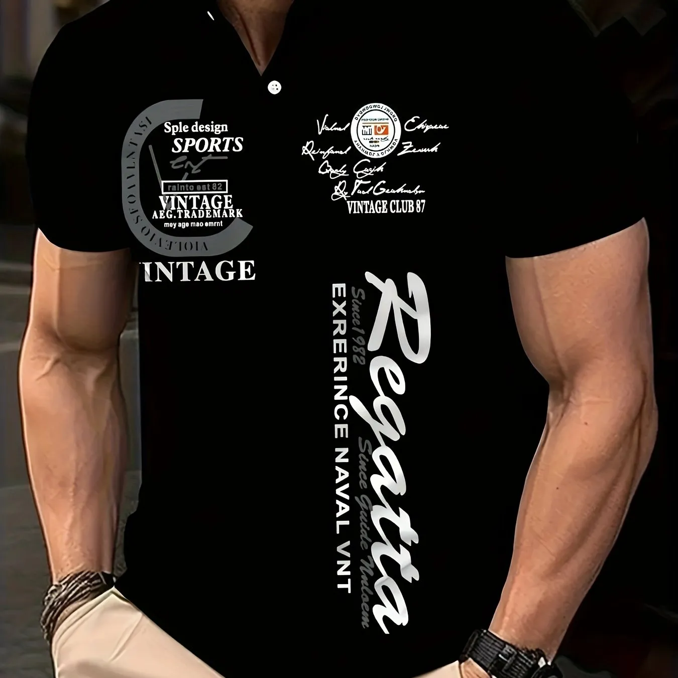 Mens Stylish Alphabet Print Golf Shirt  Breathable Short Sleeve