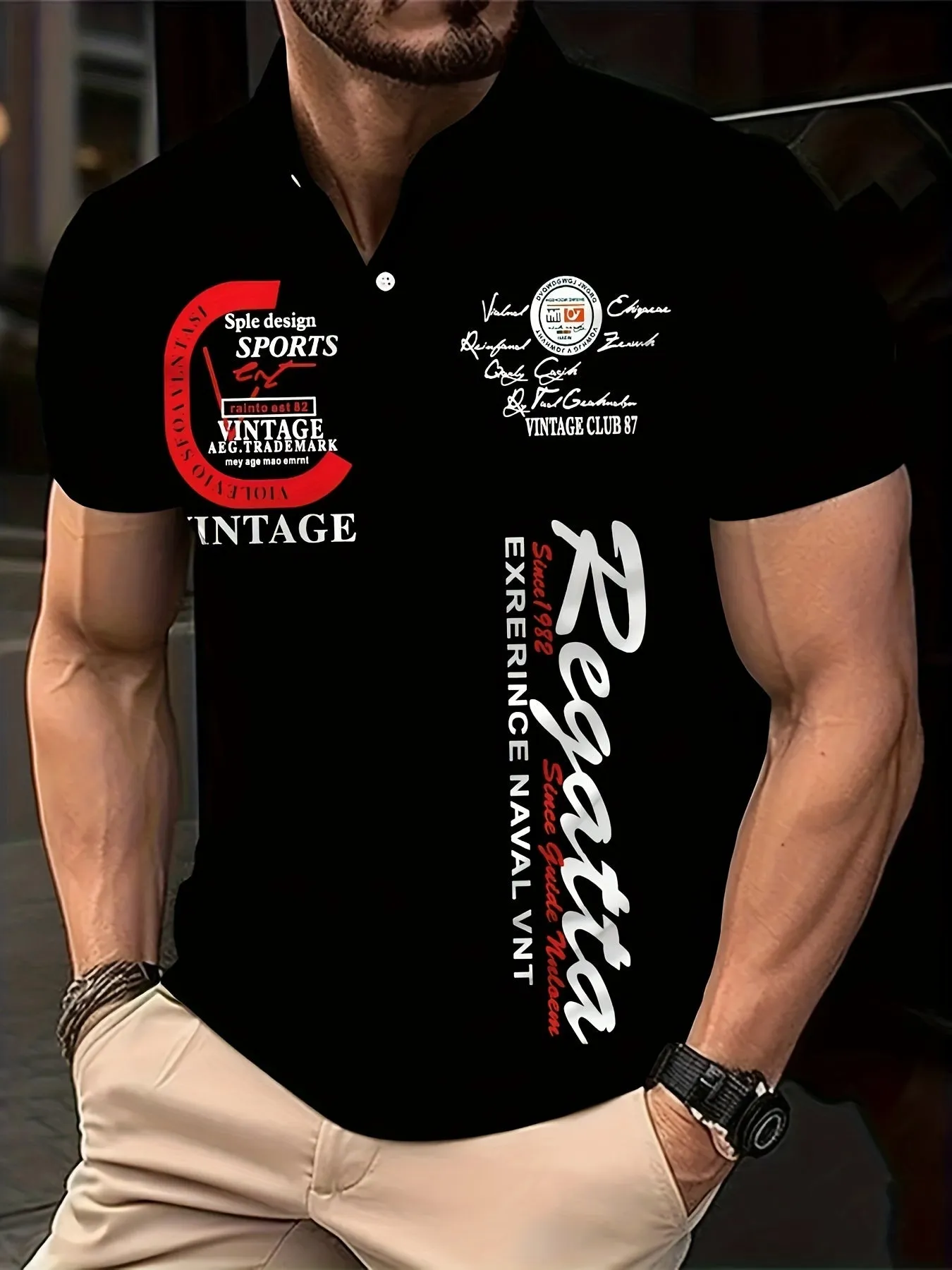 Mens Stylish Alphabet Print Golf Shirt  Breathable Short Sleeve