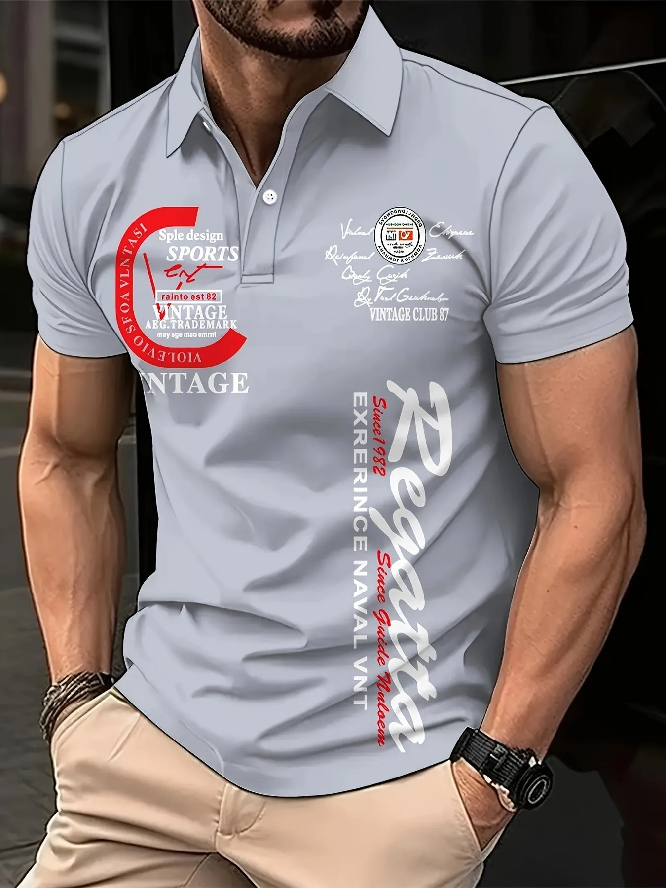 Mens Stylish Alphabet Print Golf Shirt  Breathable Short Sleeve