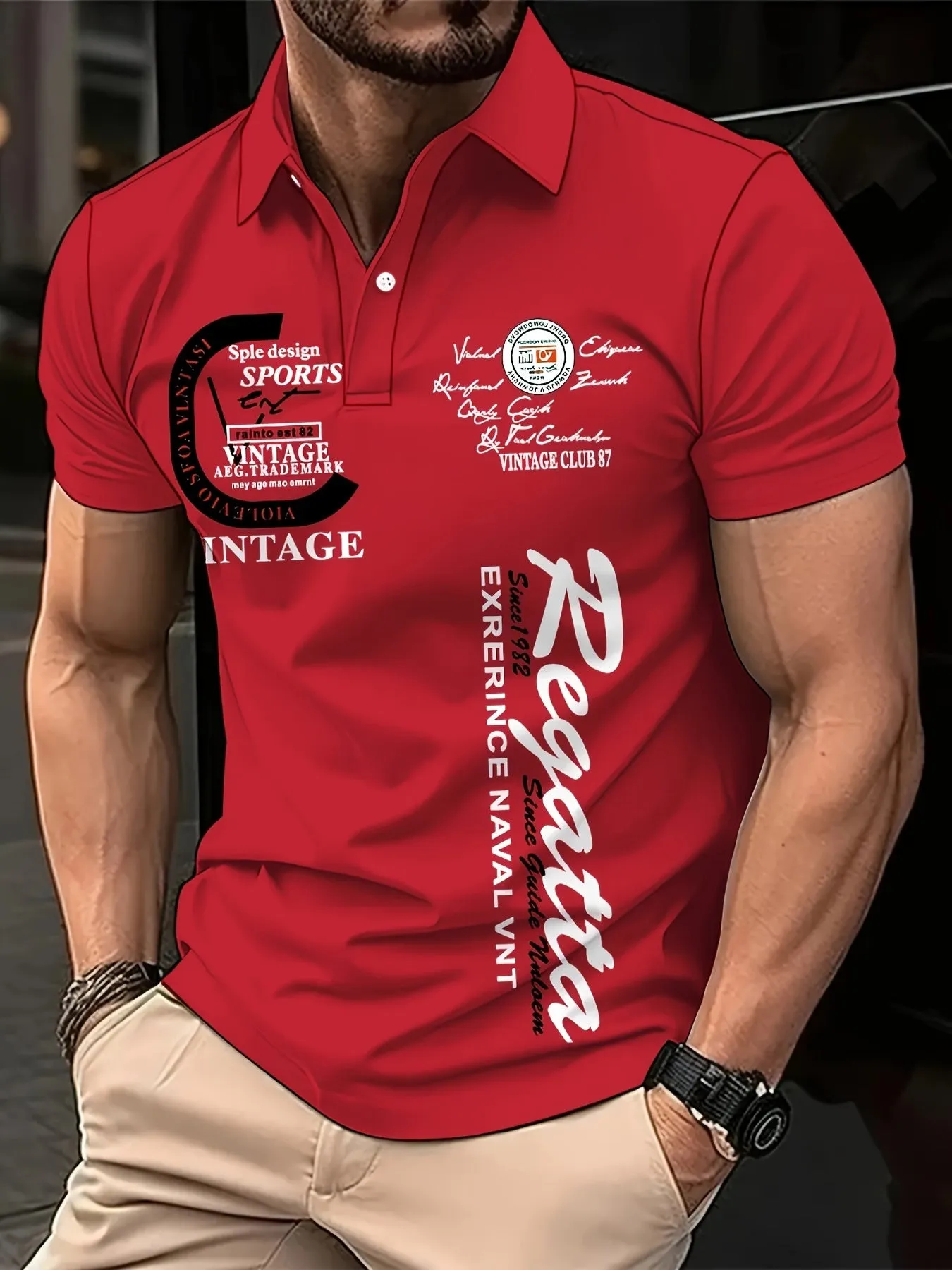 Mens Stylish Alphabet Print Golf Shirt  Breathable Short Sleeve
