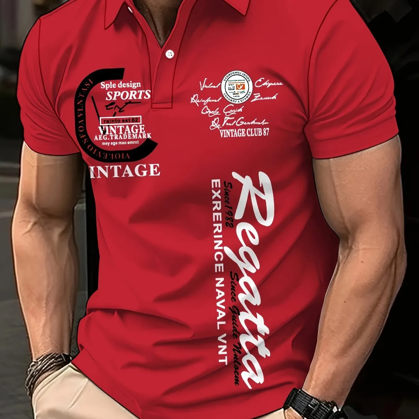 Mens Stylish Alphabet Print Golf Shirt  Breathable Short Sleeve