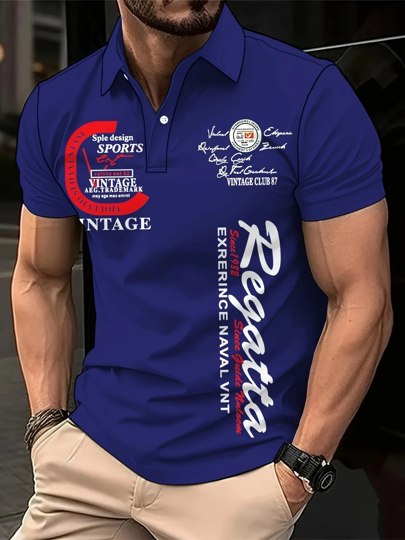 Mens Stylish Alphabet Print Golf Shirt  Breathable Short Sleeve